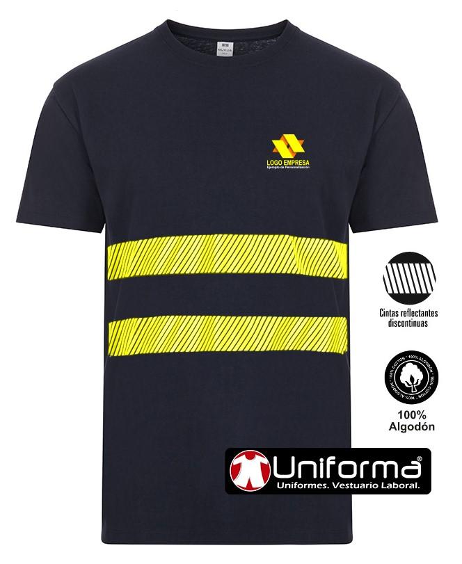 Camiseta de trabajo de algodón 100% de cuello redondo y manga corta personalizada con banda segmentada discontinua en color amarillo fluor de alta visibilidad con logo de empresa en Uniforma 