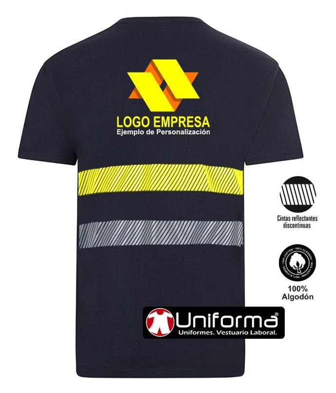 Camiseta de trabajo de color marino con bandas reflectantes y de alta visibilidad con logo de empresa a todo color en uniforma