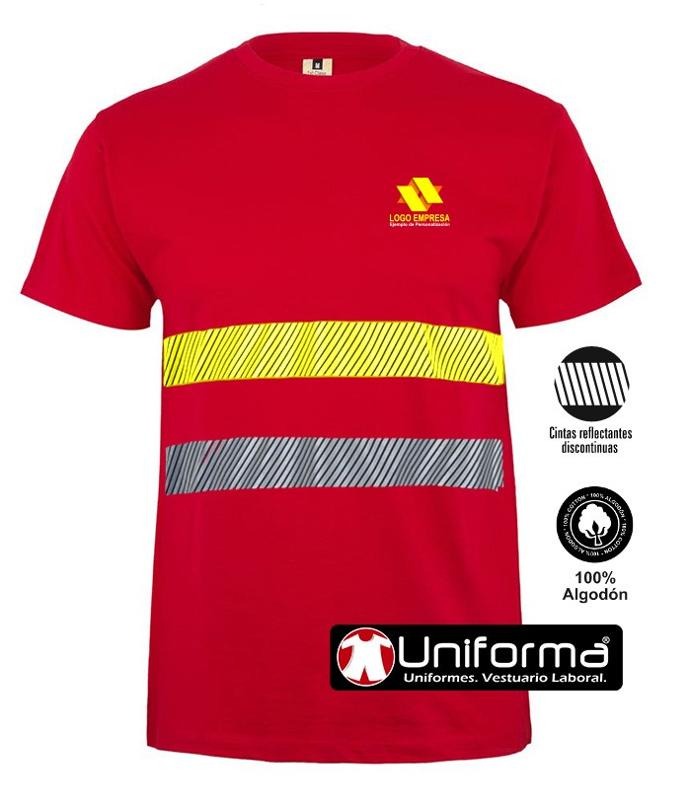 Camiseta de trabajo de color rojo de algodón con bandas reflectantes y de alta visibilidad segmentadas con logo de empresa en uniforma