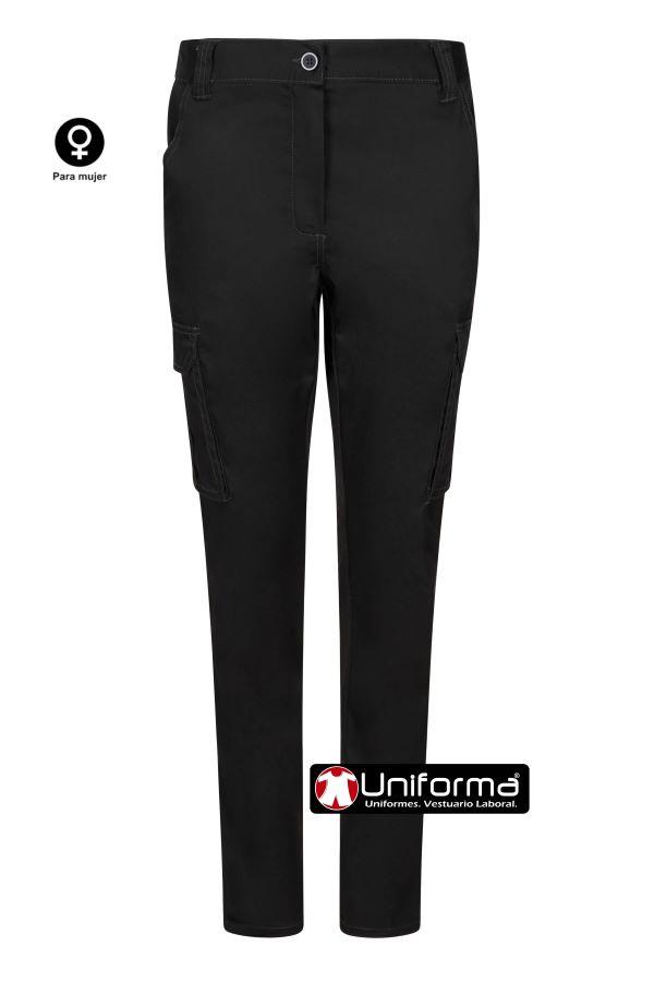 Pantalón negro de trabajo de mujer en tejido Stretch con un 38% de tejido EME que es elástico por construcción, de diseño multibolsillos con bolsillos de cargo con fuelles, cómodos, ajustable, personalizables con logo de empresa en uniforma