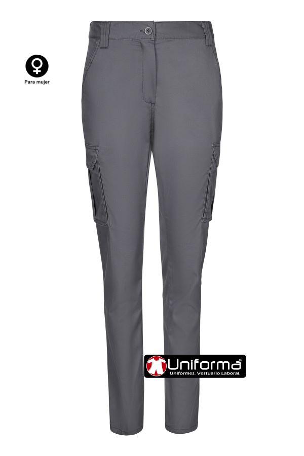 Pantalón gris de trabajo de mujer en tejido Stretch con un 38% de tejido EME que es elástico por construcción, de diseño multibolsillos con bolsillos de cargo con fuelles, cómodos, ajustable, personalizables con logo de empresa en uniforma