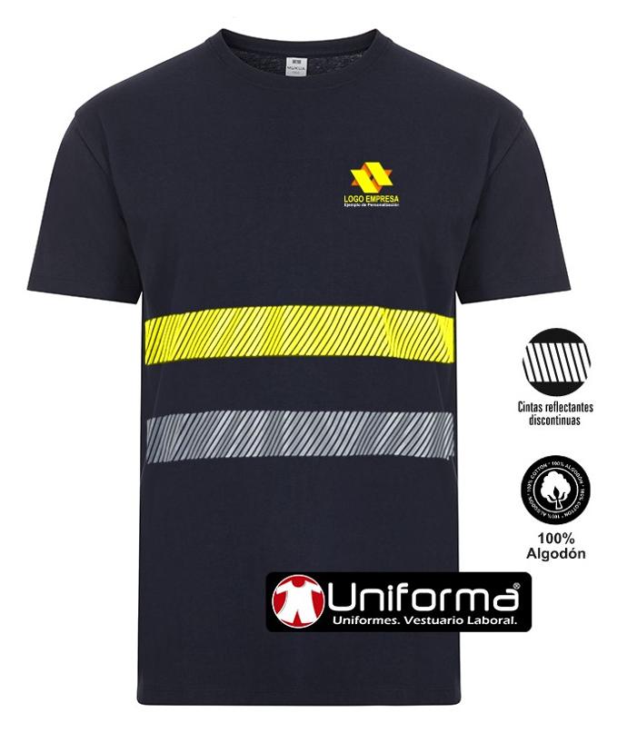 Camiseta de trabajo de color marino con bandas reflectantes y de alta visibilidad con logo de empresa a todo color en uniforma