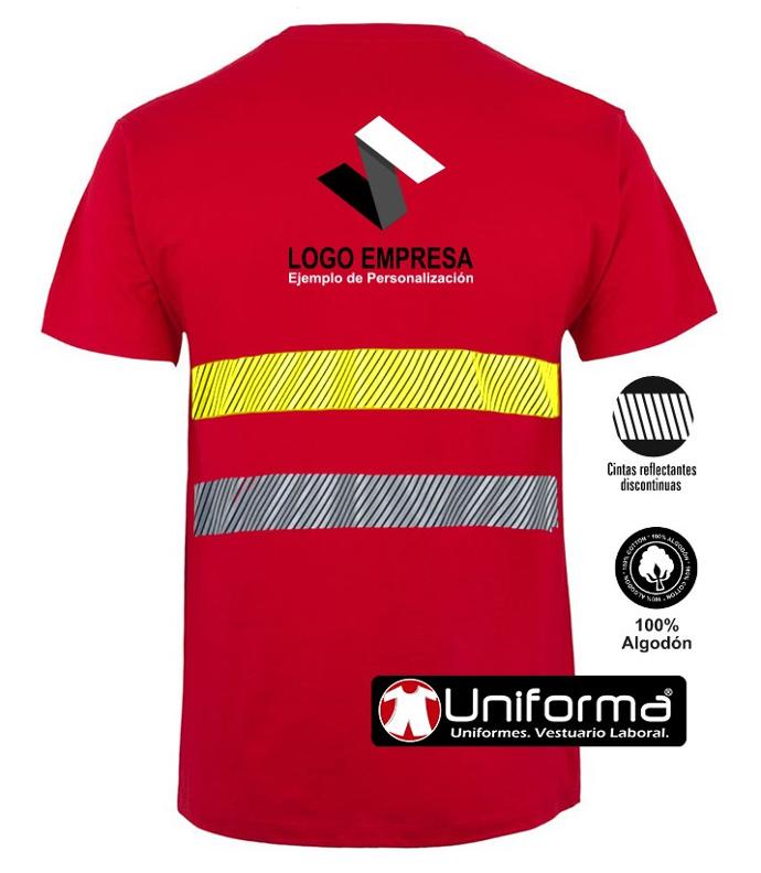 Camiseta de trabajo de color rojo de algodón con bandas reflectantes y de alta visibilidad segmentadas con logo de empresa en uniforma